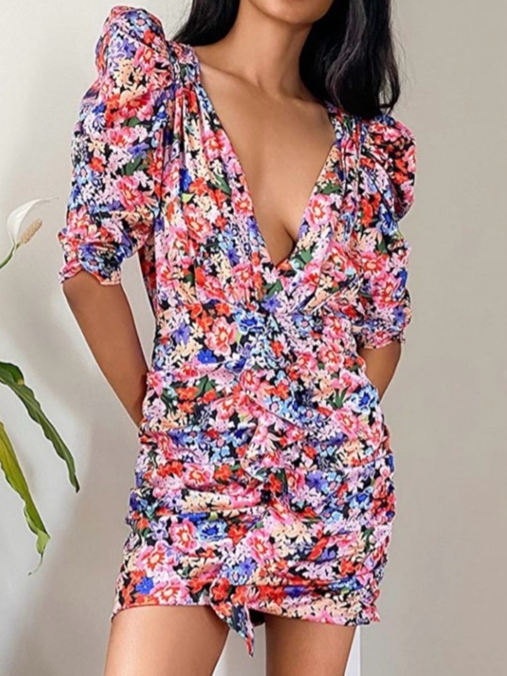 NWT For Love & Lemons Bouquet Bright Floral Puff Sleeve Mini Dress Summer Event